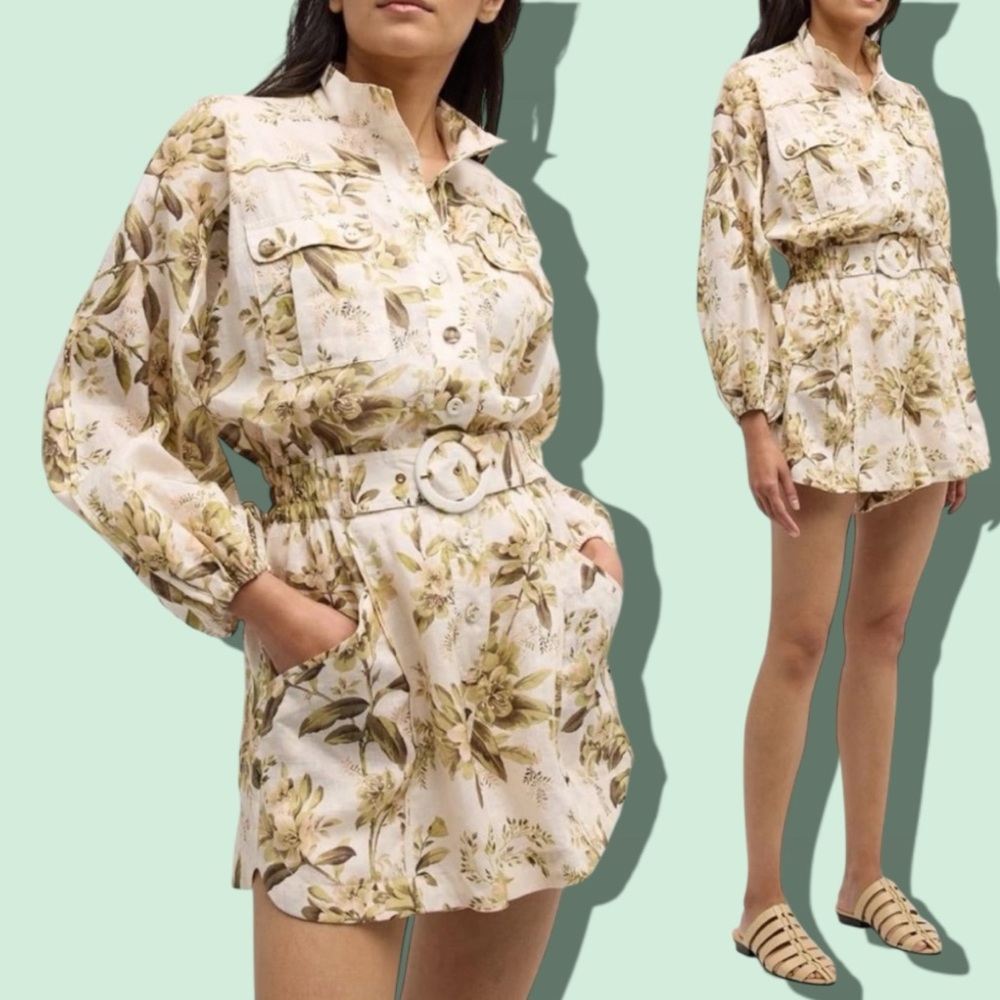 Zimmermann Cream and Green Floral Cottage-core Romper Size 2 Long Sleeve Outfit
